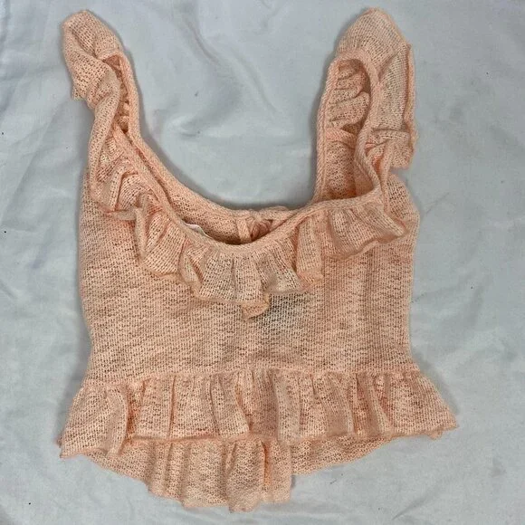 Sage The Label NWT Size S Crochet Cropped Blouse V-Neck Ruffle Pink Cottagecore - Picture 2 of 5